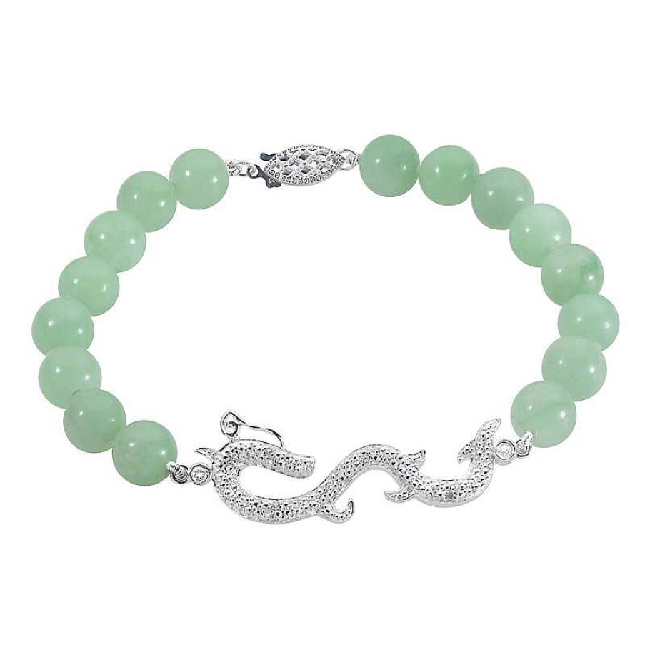 Bracelets Zales | 8.0Mm Jade Bead And White Topaz Dragon Bracelet In Sterling Silver - 7.5"