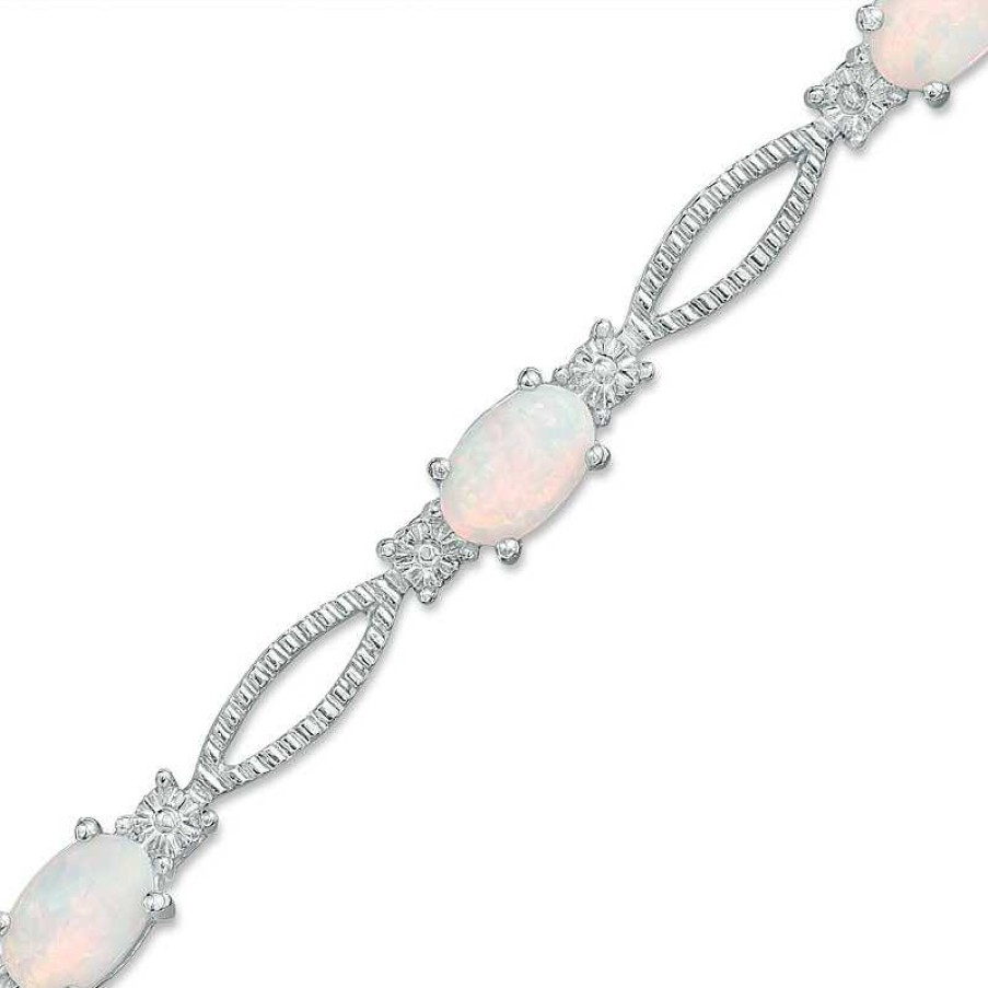 Bracelets Zales | Oval Lab-Created Opal And Diamond Accent Bracelet In Sterling Silver - 7.25"