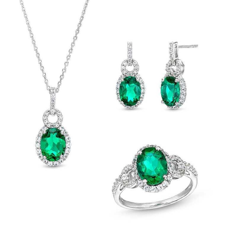 Earrings Zales | Oval Lab-Created Emerald And White Lab-Created Sapphire Doorknocker Ring, Pendant And Earrings Set In Sterling Silver