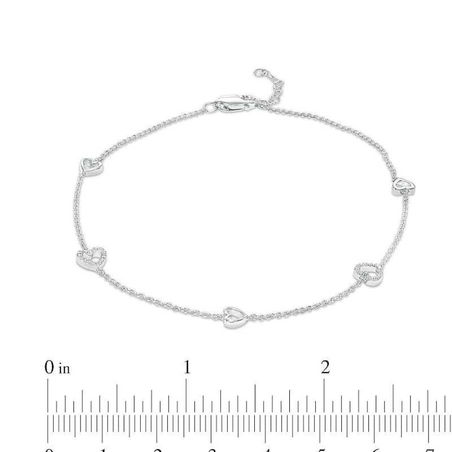 Bracelets Zales | 1/10 Ct. T.W. Diamond Open Heart Station Anklet In Sterling Silver – 10"