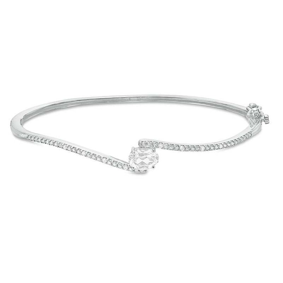 Bracelets Zales | Sideways Oval Lab-Created White Sapphire And 1/20 Ct. T.W. Diamond Bypass Bangle In Sterling Silver