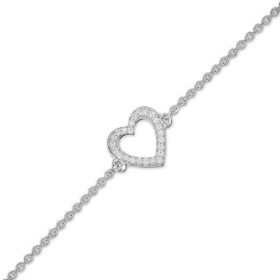 Bracelets Zales | 1/15 Ct. T.W. Diamond Heart Outline Anklet In Sterling Silver - 10"