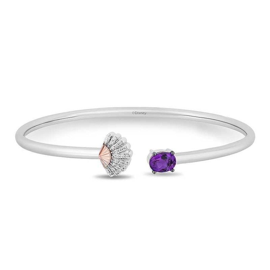 Bracelets Zales | Enchanted Disney Ariel Oval Amethyst And 1/10 Ct. T.W. Diamond Open Bangle In Sterling Silver And 10K Rose Gold