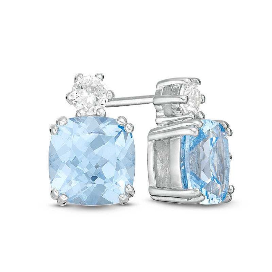 Earrings Zales | 7.0Mm Cushion-Cut Lab-Created Blue Spinel And White Sapphire Stud Earrings In Sterling Silver