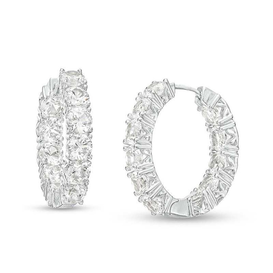 Earrings Zales | 4.5Mm White Lab-Created Sapphire Hoop Earrings In Sterling Silver