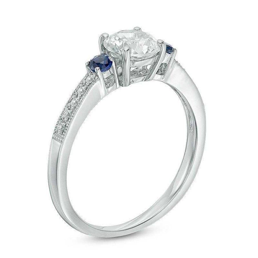 Rings Zales | 6.25Mm Lab-Created White And Blue Sapphire Vintage-Style Three Stone Ring In Sterling Silver