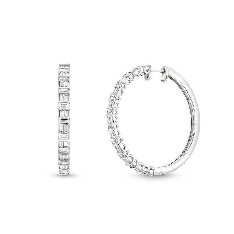 Earrings Zales | 2 Ct. T.W. Certified Baguette Lab-Created Diamond Hoop Earrings In 14K White Gold (F/Si2)