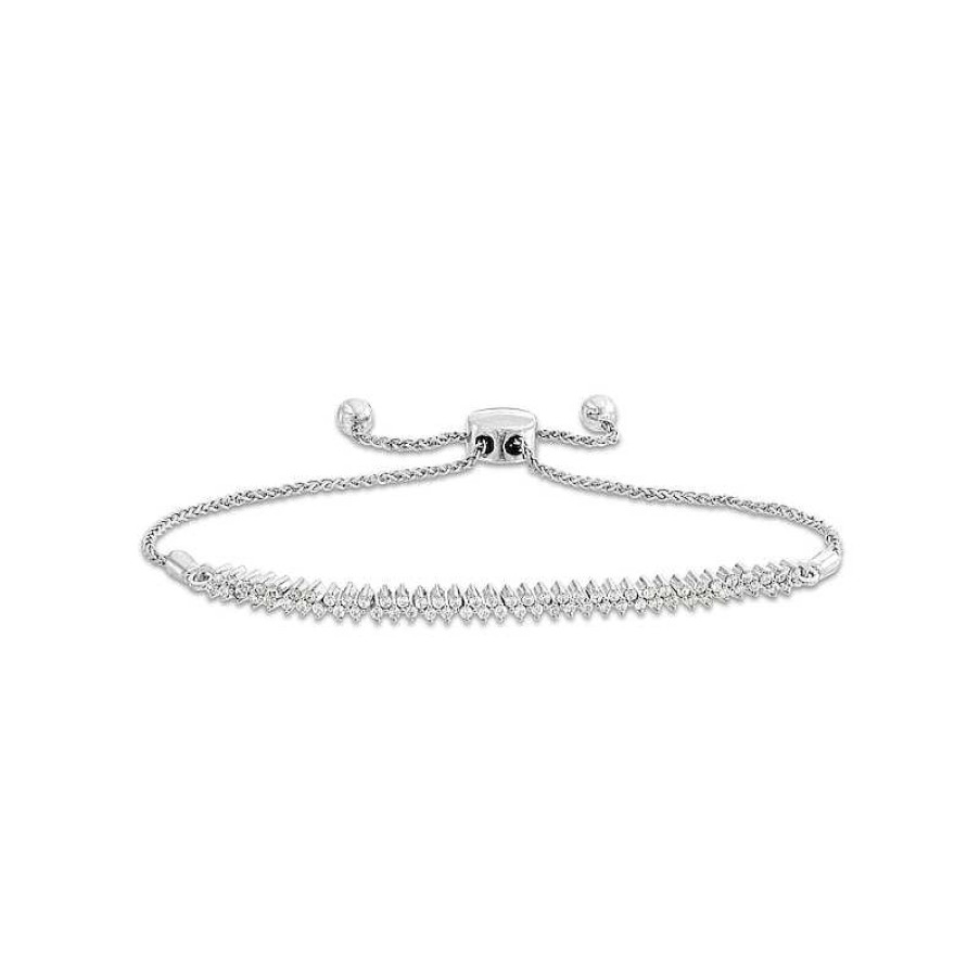 Bracelets Zales | 3/8 Ct. T.W. Diamond Double Row Diagonal Line Bolo Bracelet In 10K White Gold - 9.5"