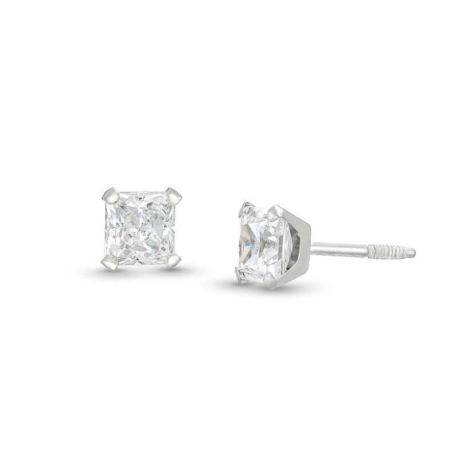 Earrings Zales | Child'S 4.0Mm Princess-Cut Cubic Zirconia Solitaire Stud Earrings In 14K White Gold