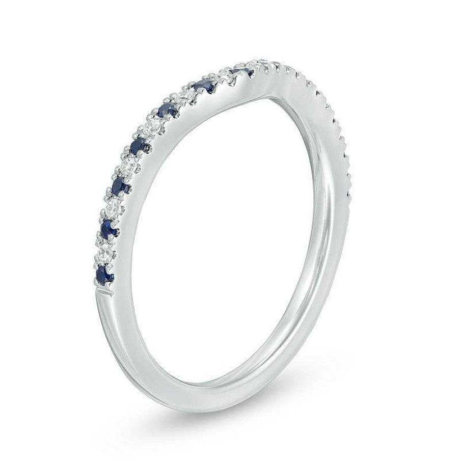 Rings Zales | Vera Wang Love Collection Blue Sapphire And 1/15 Ct. T.W. Diamond Contour Wedding Band In 14K White Gold