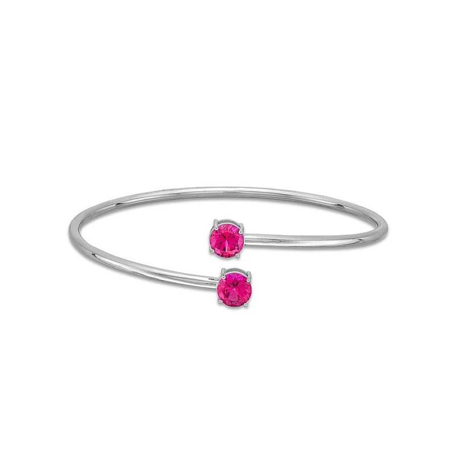 Bracelets Zales | 7.0Mm Lab-Created Ruby Solitaire Bypass Bangle In Sterling Silver - 7.25"