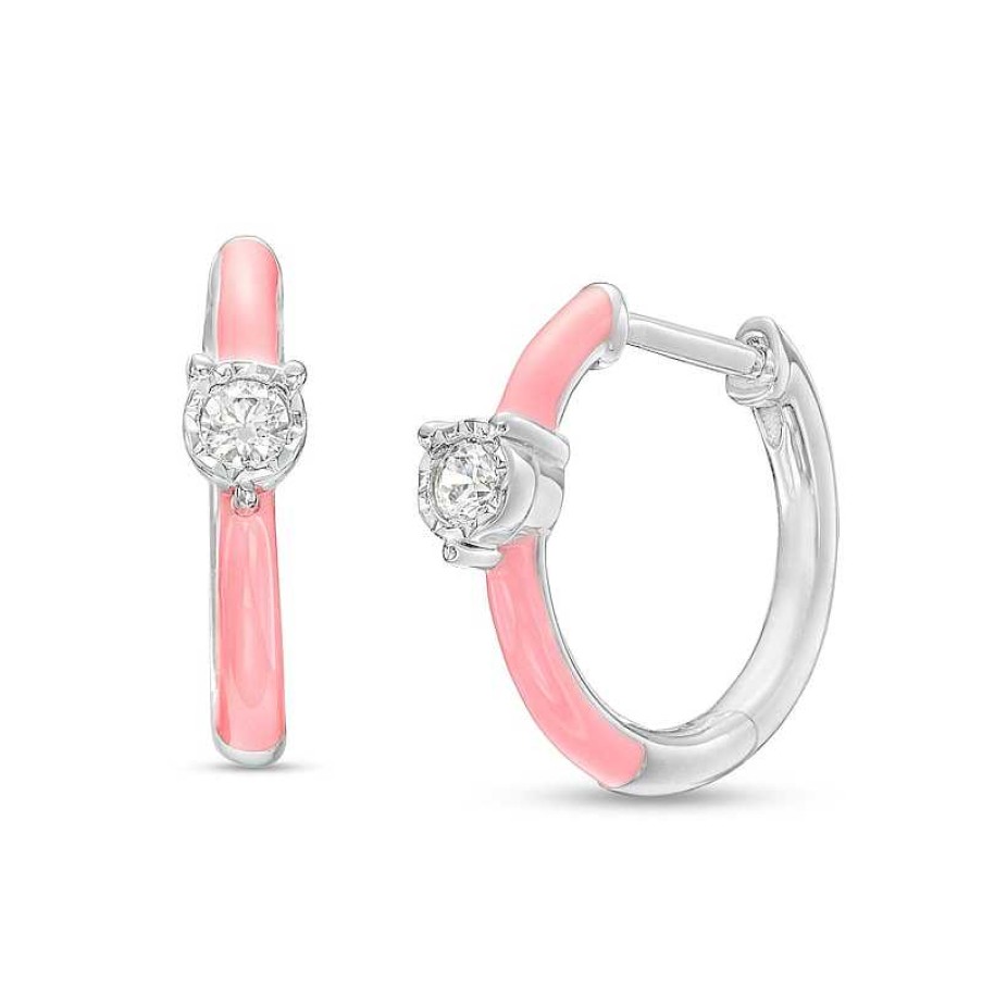 Earrings Zales | 1/10 Ct. T.W. Diamond Solitaire Pink Enamel Hoop Earrings In Sterling Silver