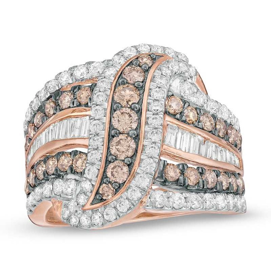 Rings Zales | 2 Ct. T.W. Champagne And White Diamond Multi-Row Crossover Ring In 10K Rose Gold