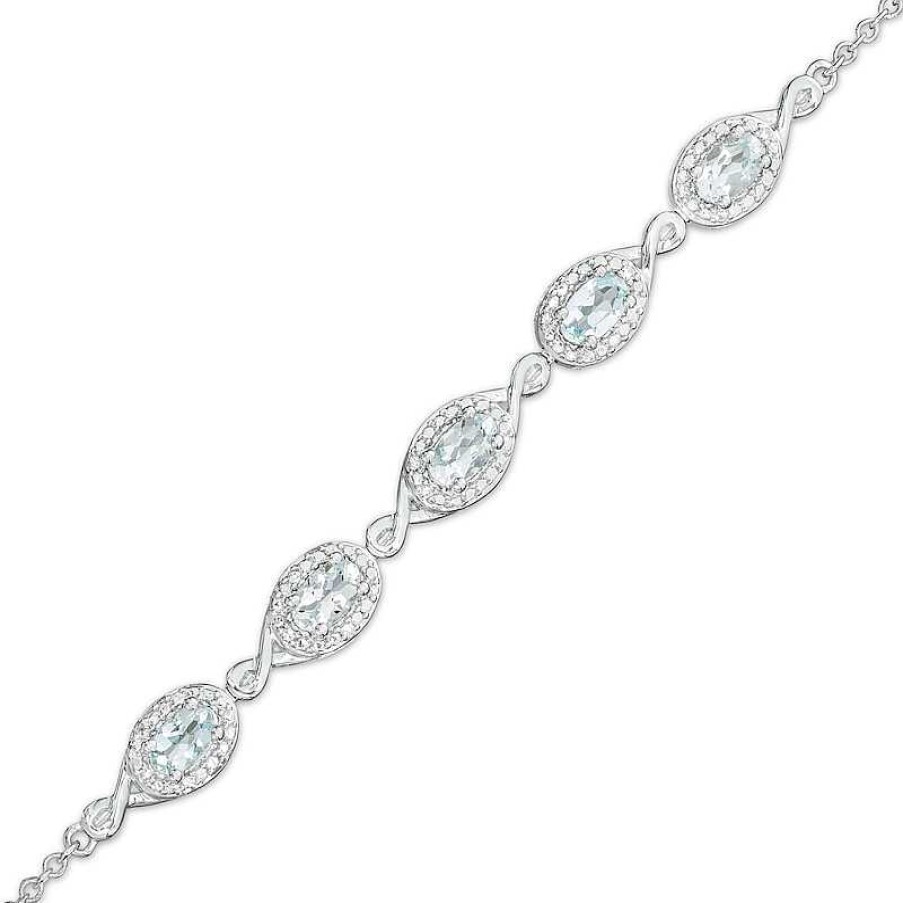 Bracelets Zales | Oval Aquamarine And Diamond Accent Twist Five Stone Bracelet In 10K White Gold – 8.0"