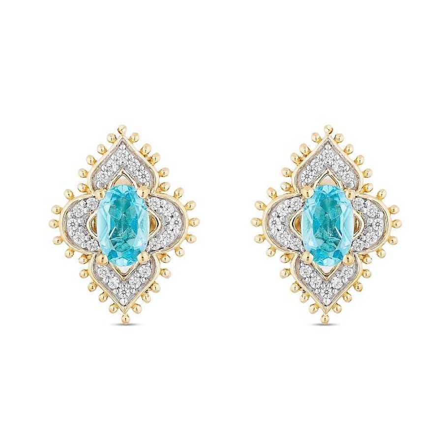 Earrings Zales | Enchanted Disney Jasmine Oval Swiss Blue Topaz And 1/6 Ct. T.W. Diamond Arabesque Frame Stud Earrings In 10K Gold