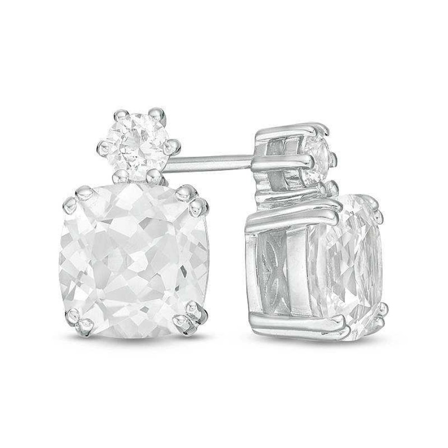 Earrings Zales | 7.0Mm Cushion-Cut And Round Lab-Created White Sapphire Stud Earrings In Sterling Silver