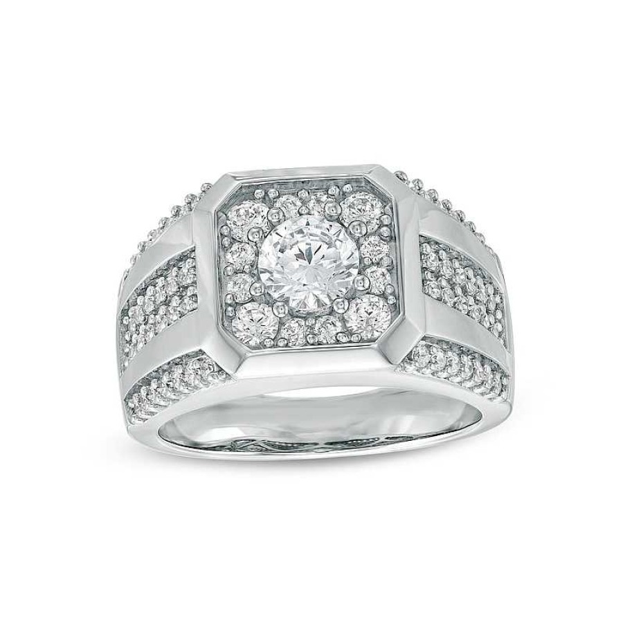 Rings Zales | Men'S 1-3/4 Ct. T.W. Certified Lab-Created Diamond Octagonal Frame Multi-Row Ring In 14K White Gold (F/Si2)