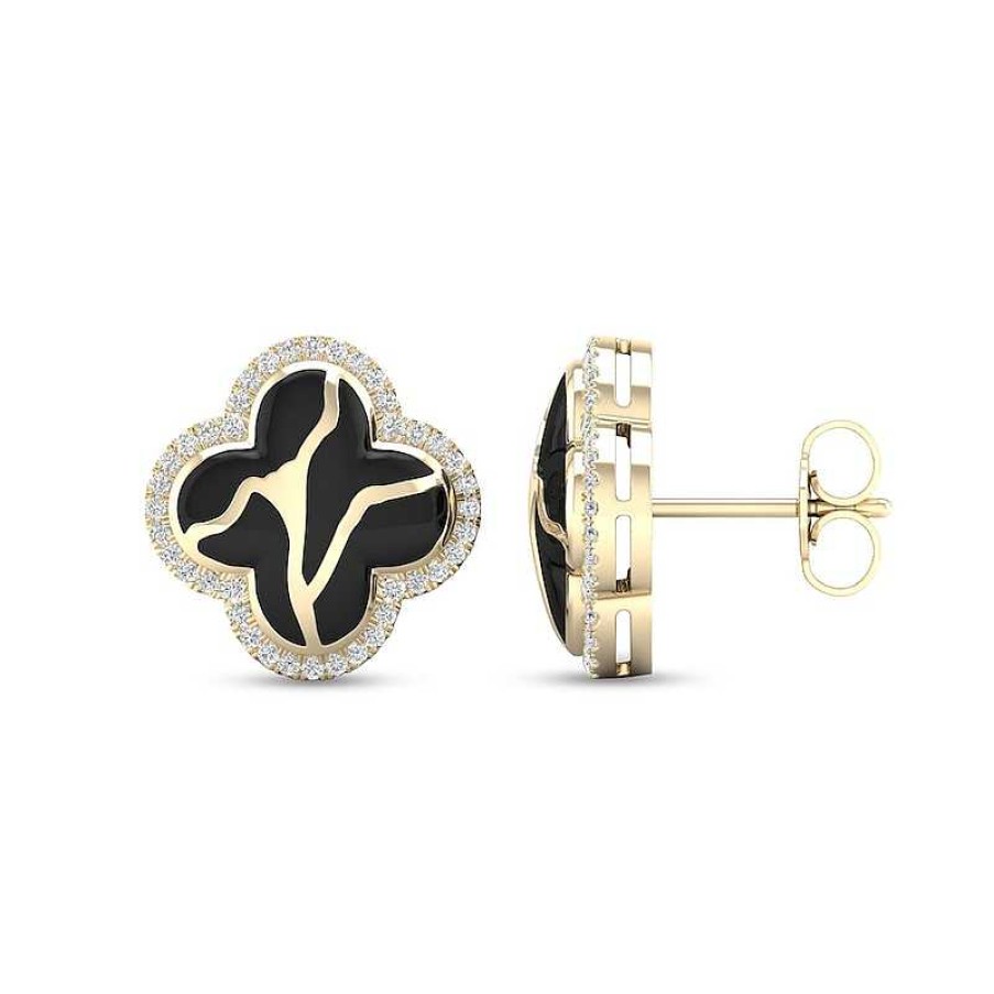 Earrings Zales | 1/4 Ct. T.W. Diamond Edge Black Kintsugi-Style Clover Stud Earrings In 10K Gold With Ceramic