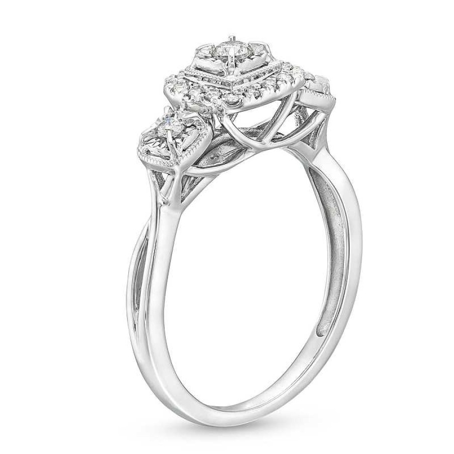 Rings Zales | 1/4 Ct. T.W. Diamond Cushion Frame Past Present Future® Engagement Ring In 10K White Gold