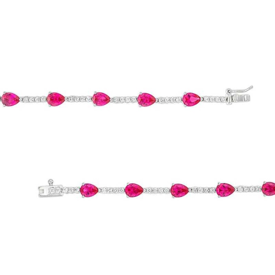 Bracelets Zales | Pear-Shaped Lab-Created Ruby And White Lab-Created Sapphire Station Line Bracelet In Sterling Silver - 7.25"