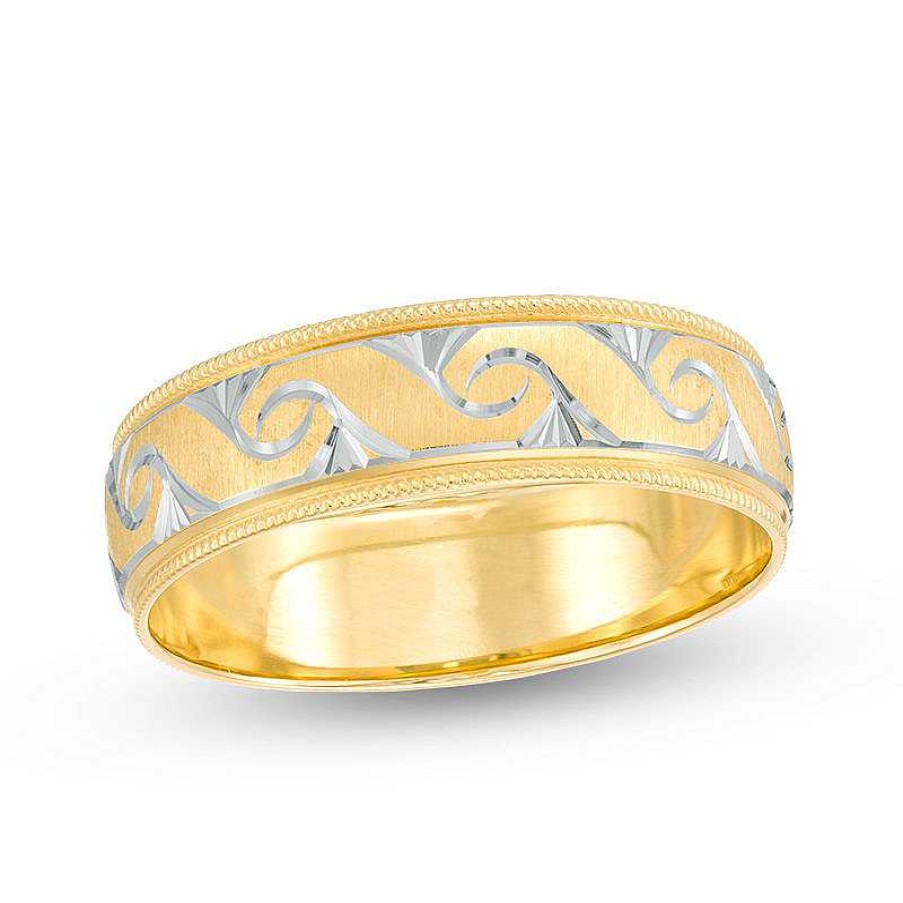 Rings Zales | 6.0Mm Diamond-Cut Swirl Milgrain Edge Comfort Fit Wedding Band In 10K Gold With White Rhodium