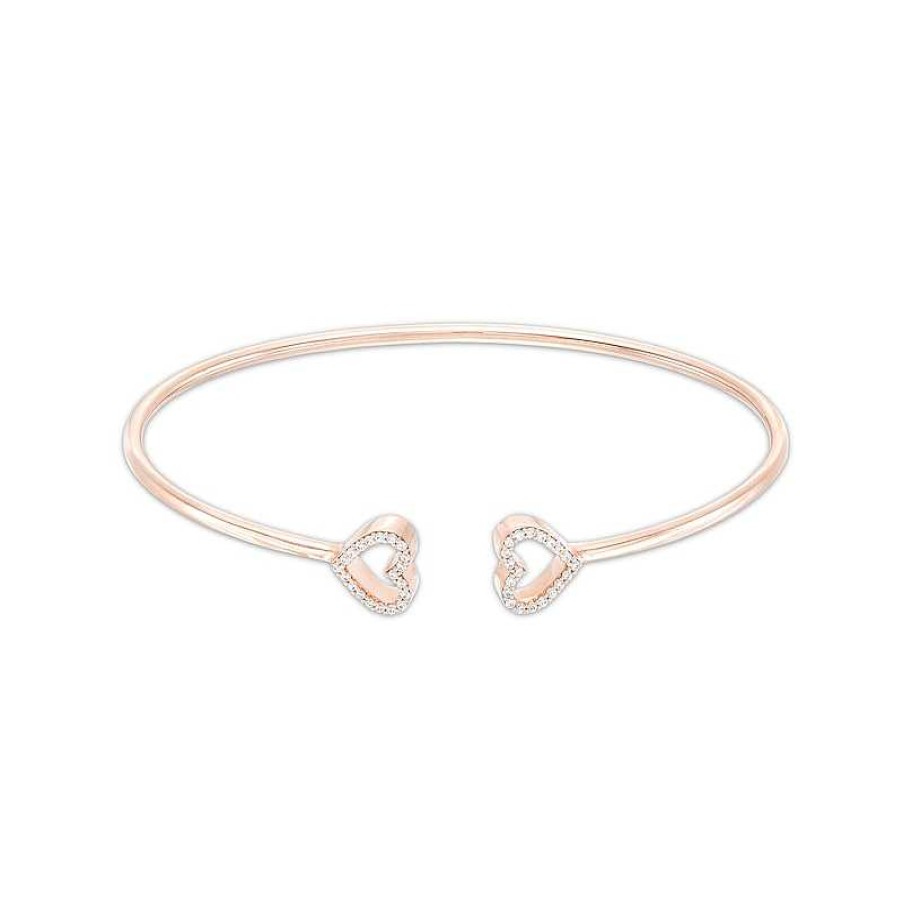 Bracelets Zales | 1/5 Ct. T.W. Diamond Double Heart Open Flex Bangle In 10K Rose Gold - 6.81"