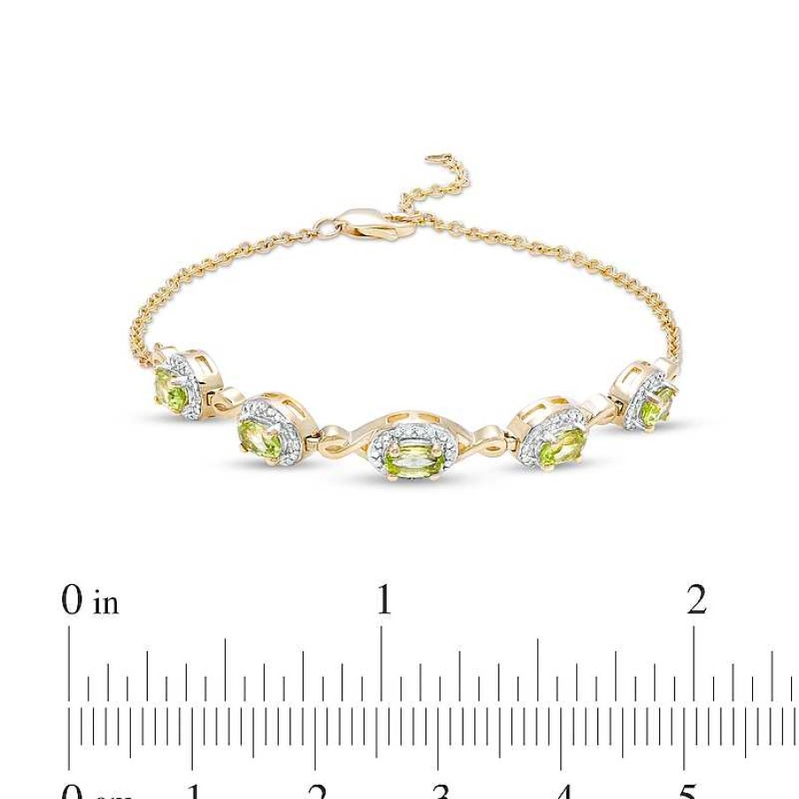 Bracelets Zales | Oval Peridot And Diamond Accent Twist Five Stone Bracelet In 10K Gold – 8.0"