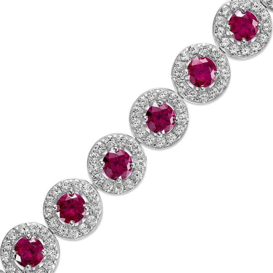 Bracelets Zales | 5.0Mm Lab-Created Ruby And White Lab-Created Sapphire Frame Tennis Bracelet In Sterling Silver – 7.25"