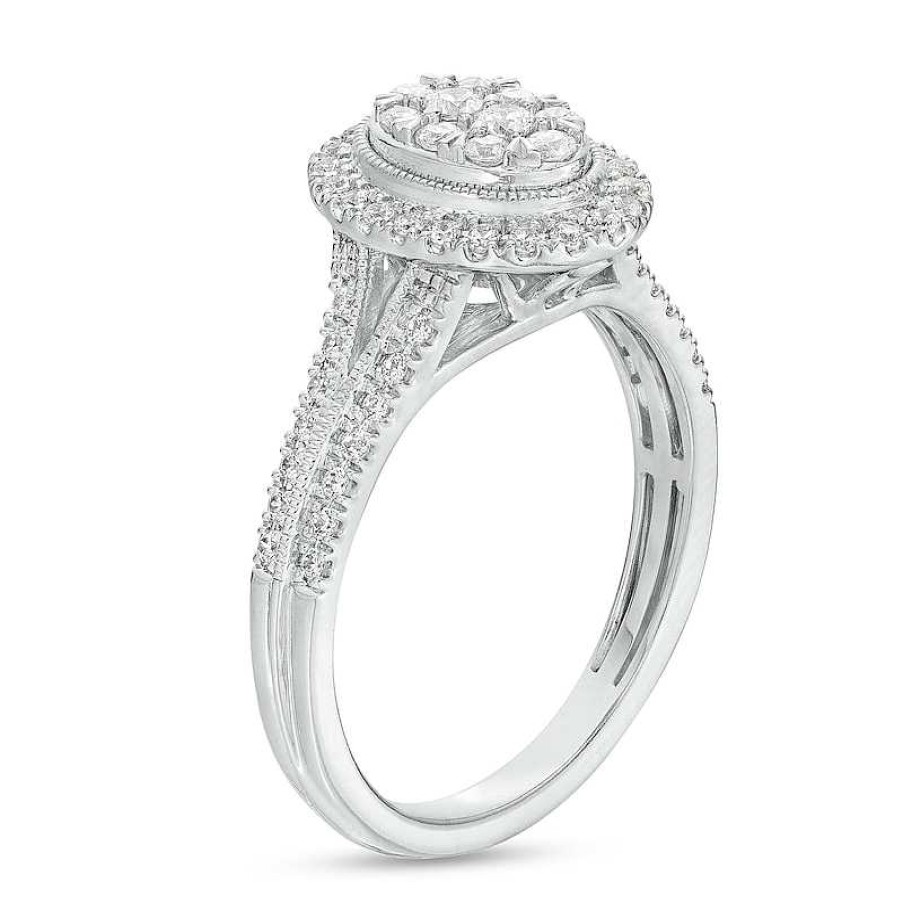 Rings Zales | 1/2 Ct. T.W. Oval Multi-Diamond Frame Split Shank Engagement Ring In 10K White Gold