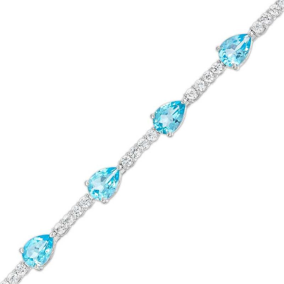 Bracelets Zales | Pear-Shaped Swiss Blue Topaz And White Lab-Created Sapphire Station Line Bracelet In Sterling Silver - 7.25"