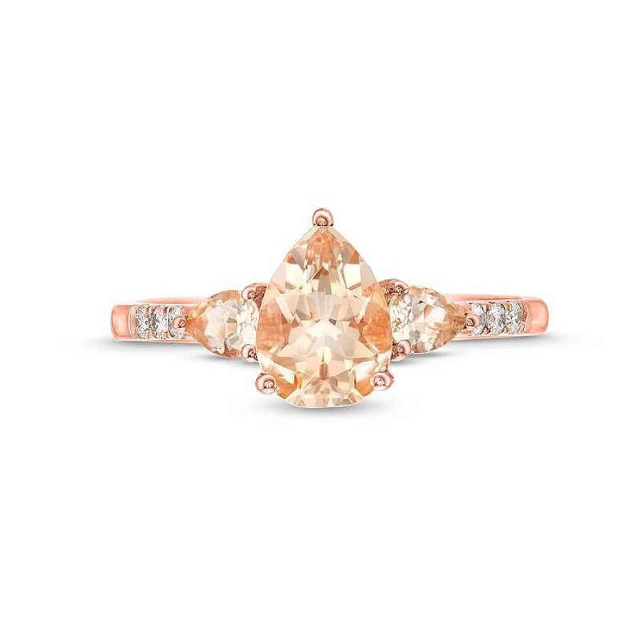 Rings Zales | Pear-Shaped Morganite And 1/15 Ct. T.W. Diamond Three Stone Ring In 10K Rose Gold