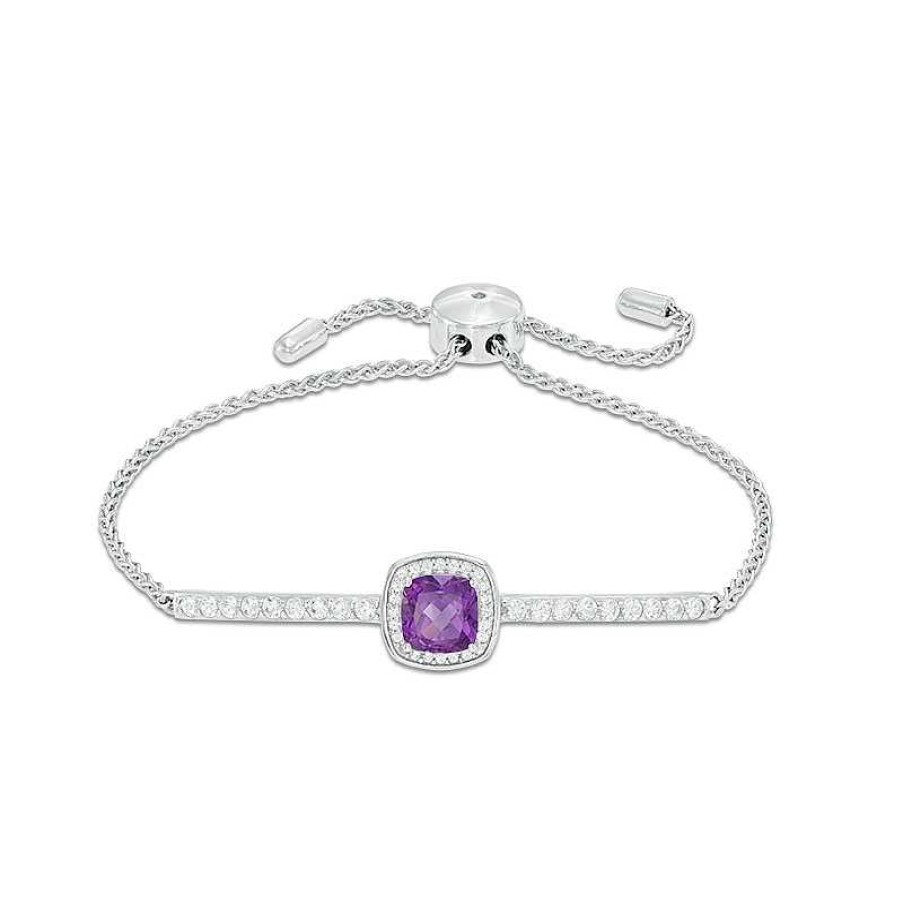 Bracelets Zales | 7.0Mm Cushion-Cut Amethyst And Lab-Created White Sapphire Frame Bolo Bracelet In Sterling Silver - 9.0"