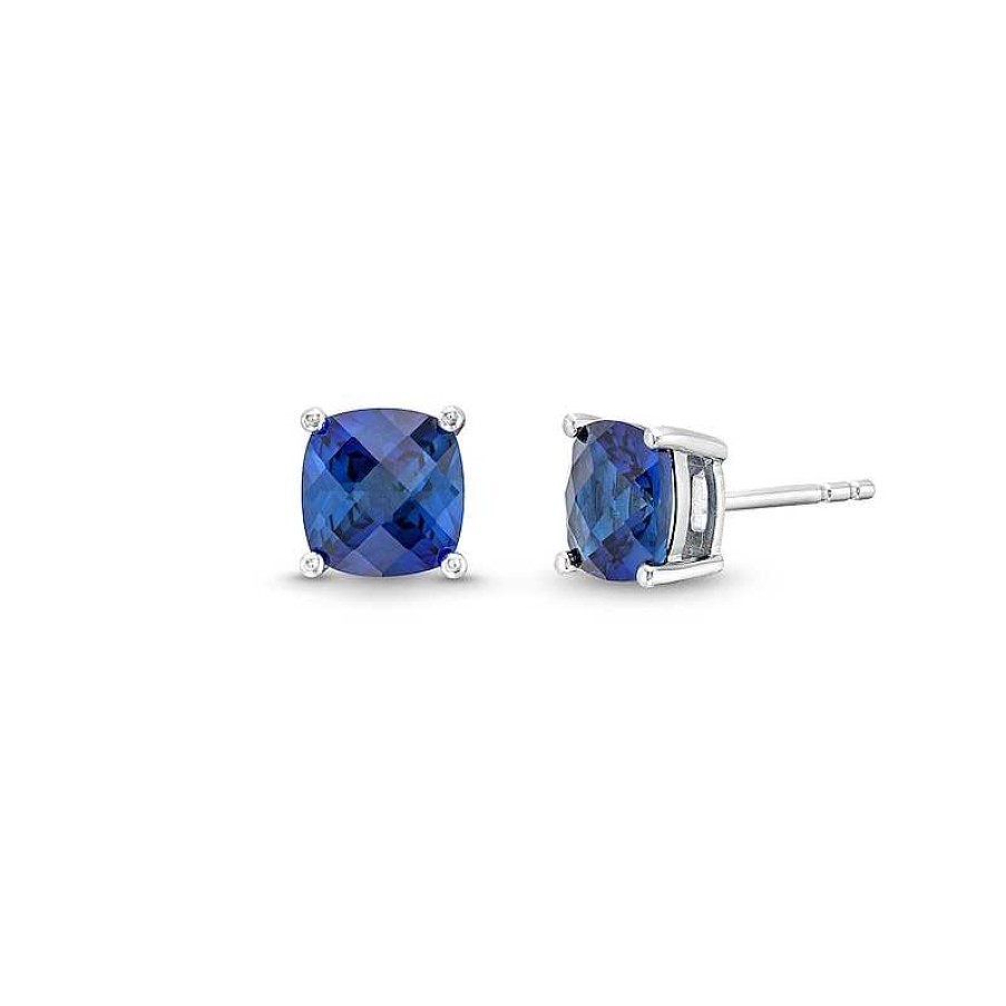 Earrings Zales | 7.0Mm Faceted Cushion-Cut Blue Lab-Created Sapphire Stud Earrings In Sterling Silver