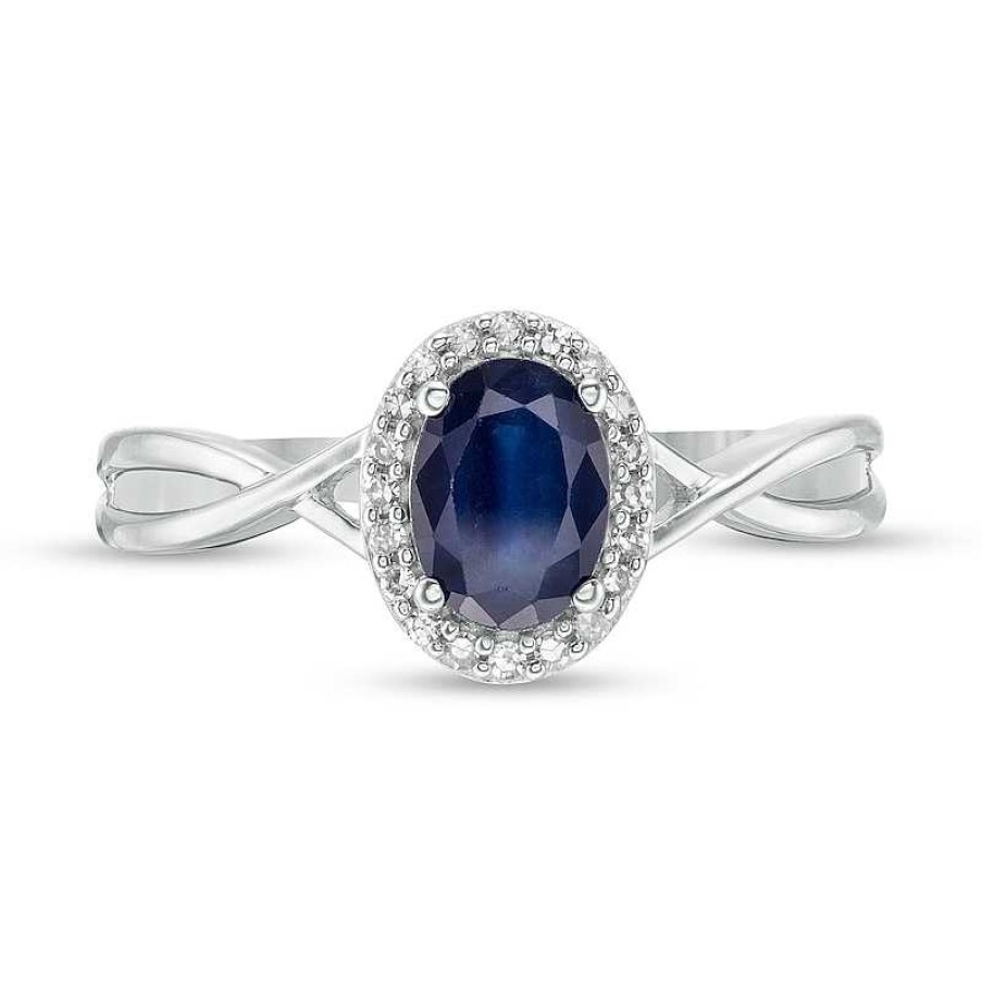 Rings Zales | Oval Blue Sapphire And 1/15 Ct. T.W. Diamond Frame Twist Shank Ring In 10K White Gold