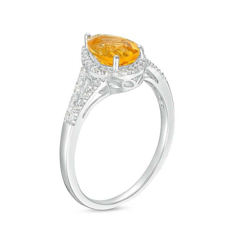 Rings Zales | Pear-Shaped Citrine And White Lab-Created Sapphire Frame Split Shank Ring In Sterling Silver