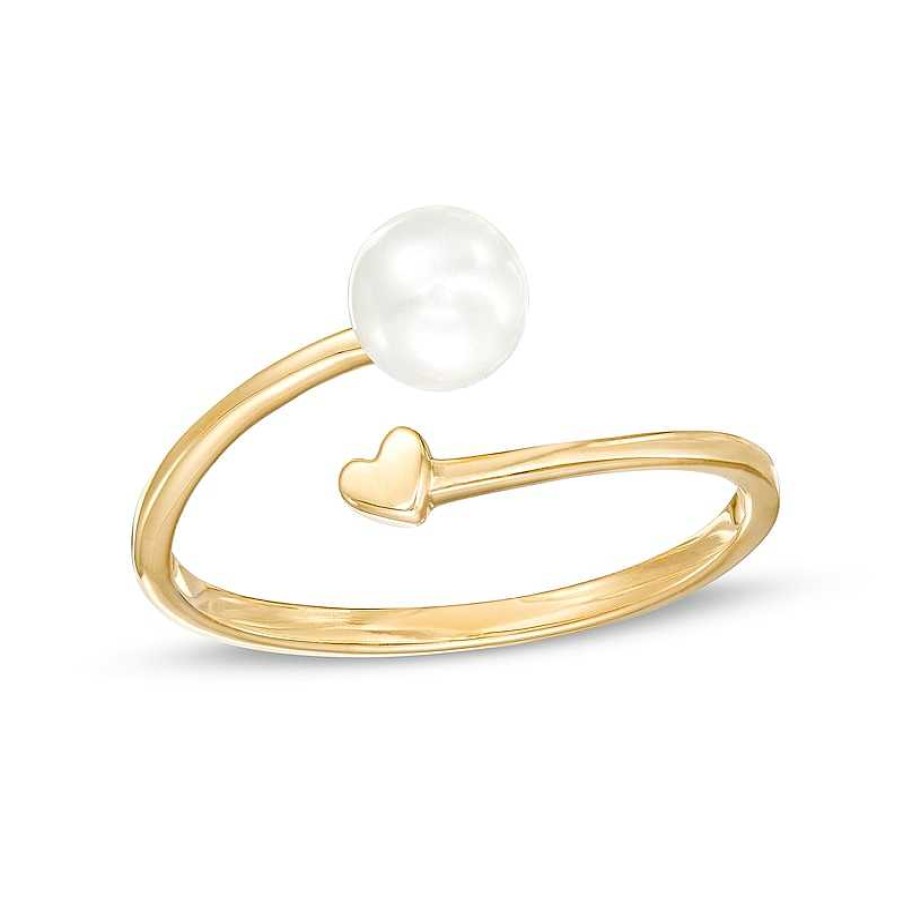 Rings Zales | 5.5Mm Cultured Freshwater Pearl And Polished Heart Open Wrap Ring In 10K Gold