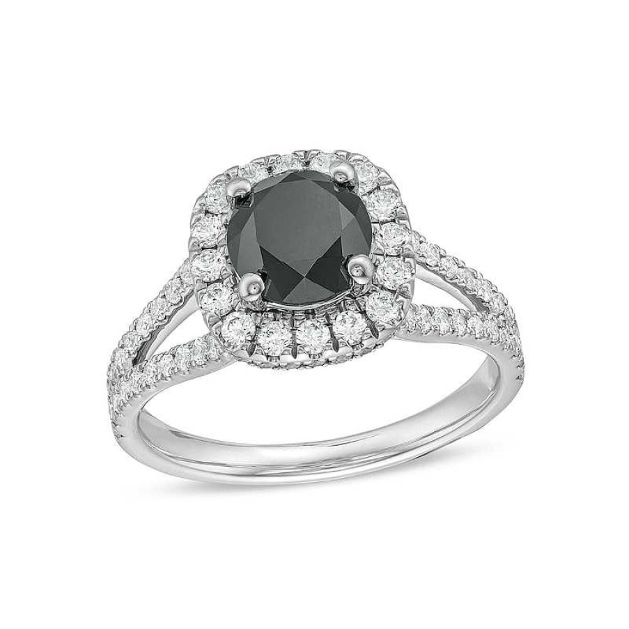 Rings Zales | 2-1/4 Ct. T.W. Black And White Diamond Cushion Frame Split Shank Engagement Ring In 14K White Gold