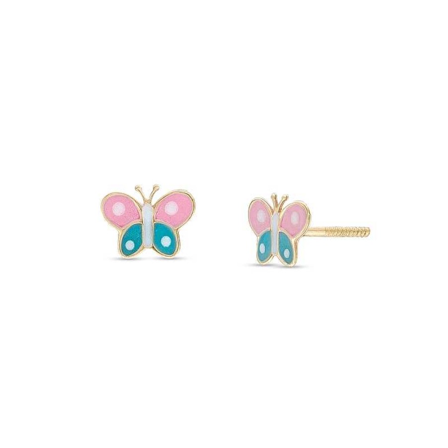 Earrings Zales | Child'S Pink, Blue And White Enamel Butterfly Stud Earrings In 14K Gold