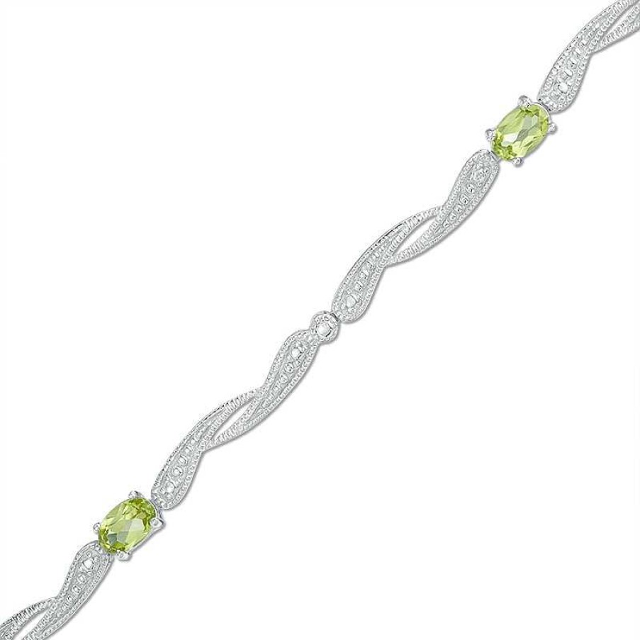 Bracelets Zales | Oval Peridot Bypass Link Bracelet In Sterling Silver - 7.25"