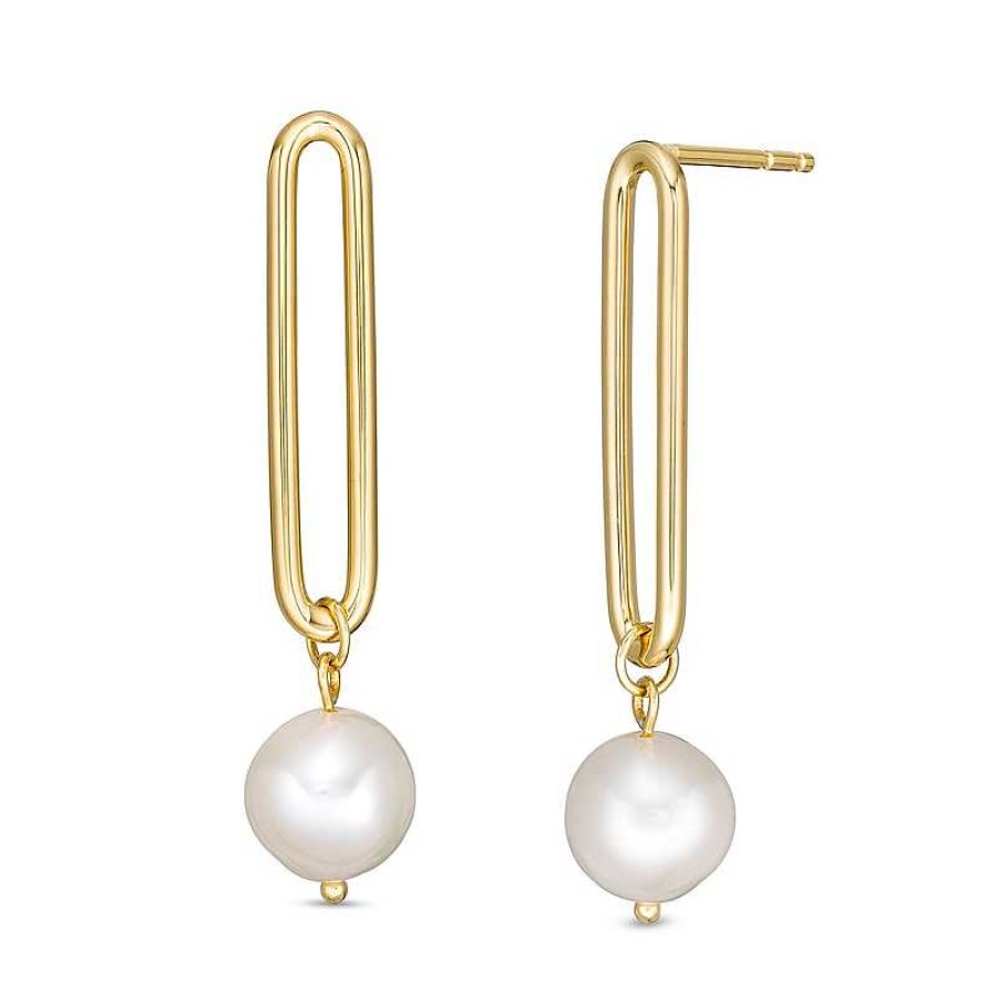 Earrings Zales | 8.0-8.5Mm Cultured Freshwater Pearl Paper Clip Drop Earrings In Sterling Silver With 18K Gold Plate