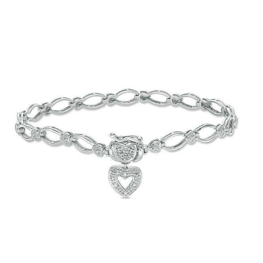 Bracelets Zales | Diamond Accent Oval Link With Heart Charm Bracelet In Sterling Silver - 7.25"