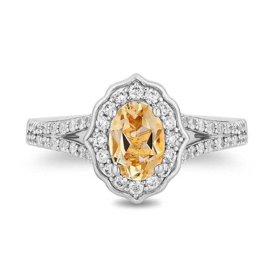 Rings Zales | Enchanted Disney Belle Oval Citrine And 1/2 Ct. T.W. Diamond Frame Split Shank Engagement Ring In 14K Two-Tone Gold