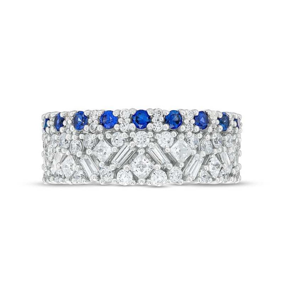 Rings Zales | Vera Wang Love Collection Blue Sapphire And 1 Ct. T.W. Multi-Diamond Multi-Row Anniversary Band In 14K White Gold