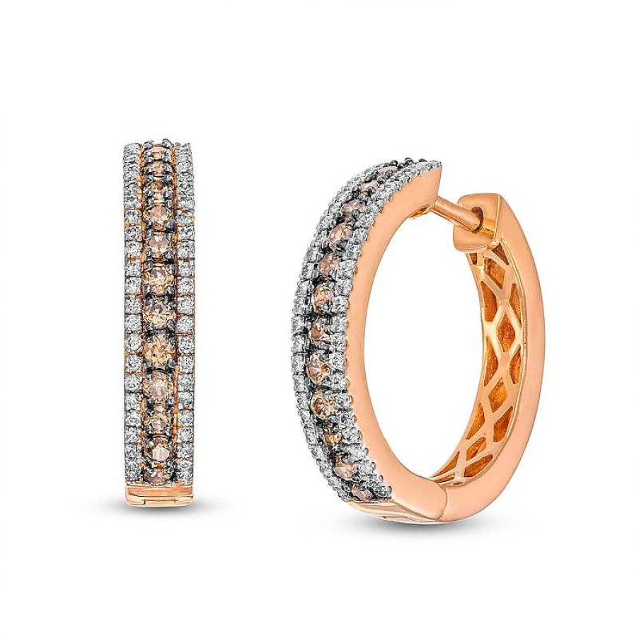 Earrings Zales | 1 Ct. T.W. Champagne And White Diamond Edge Hoop Earrings In 10K Rose Gold