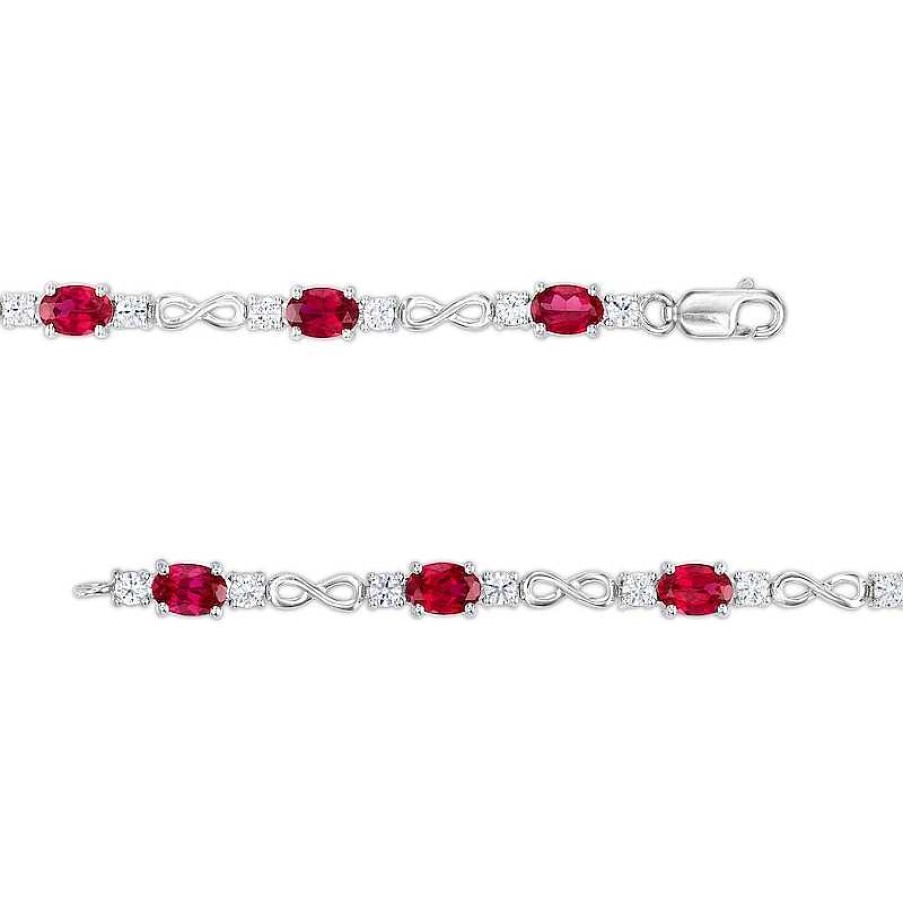 Bracelets Zales | Oval Lab-Created Ruby And White Lab-Created Sapphire Alternating Infinity Line Bracelet In Sterling Silver - 7.25"