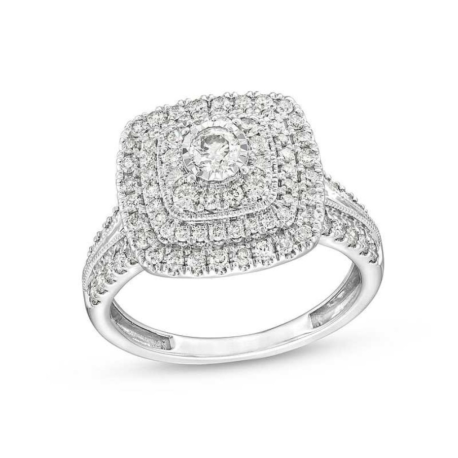 Rings Zales | 1 Ct. T.W. Diamond Triple Cushion Frame Multi-Row Vintage-Style Engagement Ring In 10K White Gold