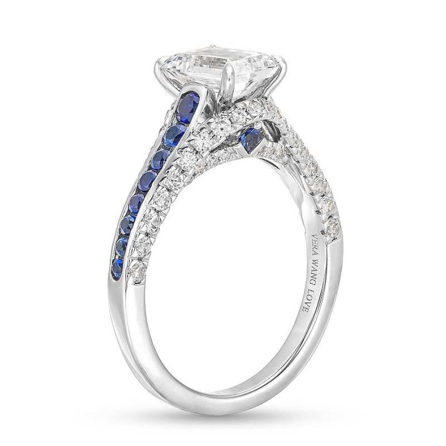 Rings Zales | Vera Wang Love Collection 1-1/2 Ct. T.W. Emerald-Cut Certified Diamond And Sapphire Engagement Ring In 14K White Gold