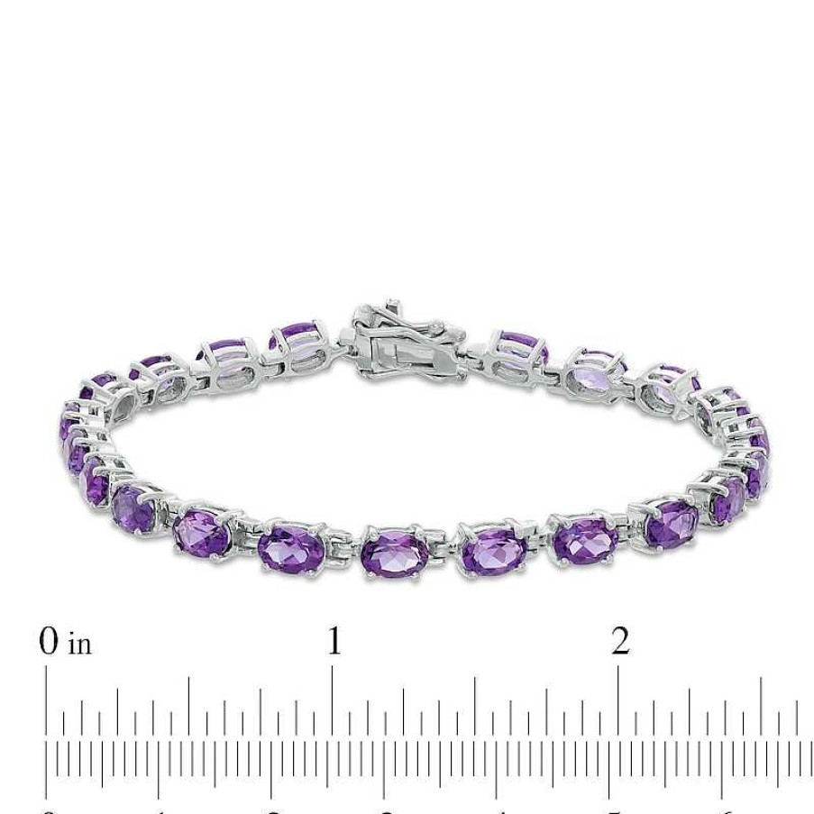 Bracelets Zales | Sideways Oval Amethyst Tennis Bracelet In Sterling Silver - 7.25"