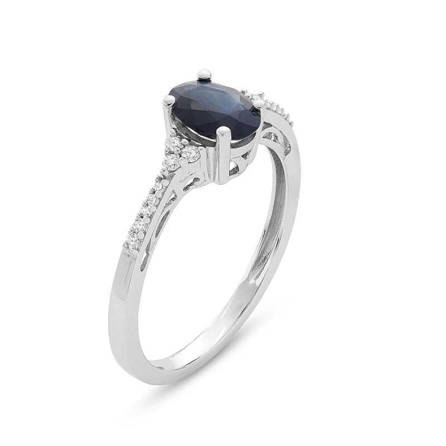 Rings Zales | Oval Blue Sapphire And 1/10 Ct. T.W. Diamond Ring In 10K White Gold