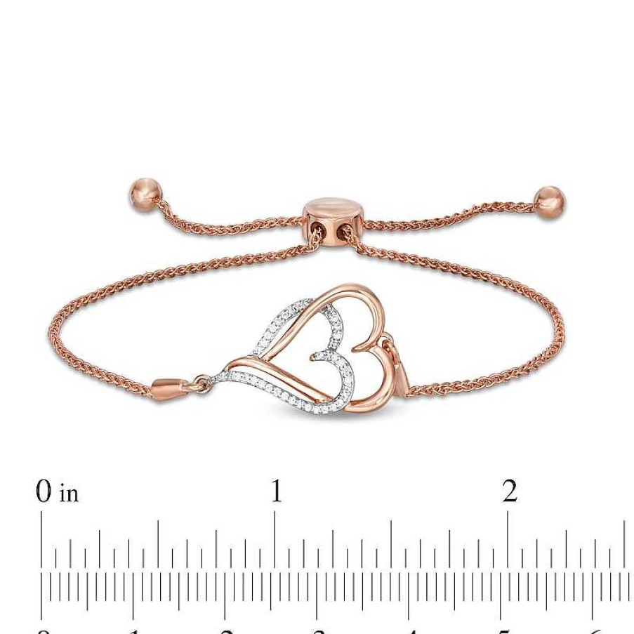 Bracelets Zales | 1/10 Ct. T.W. Diamond Interlocking Double Elongated Heart Bolo Bracelet In Sterling Silver With 14K Rose Gold Plate